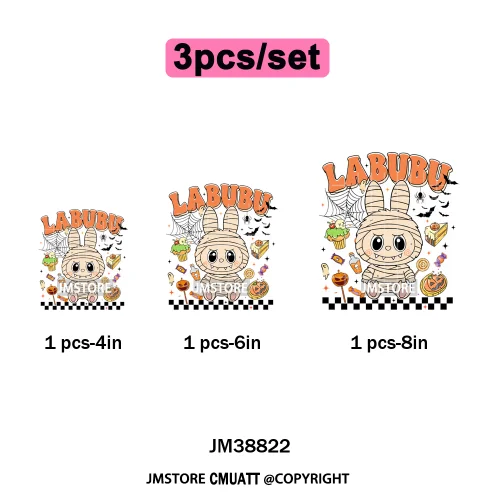 Cute Checkered Spooky Doll Monster Characters Halloween Iron on DTF Washable Heat Transfers Stickers Ready to Press for Textile
