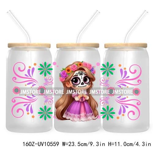 Dia De Los Muertos Mexican UV DTF Sticker For 16OZ Libbey Glass Cup Can Wrap Transfer Stickers Hispanic Halloween Sugar Skulls