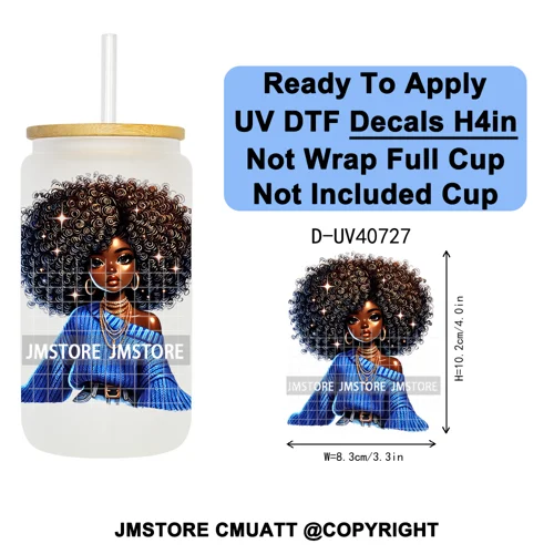 Big Hair Fashionable Black Girl UV DTF Decals Ready To Apply Waterproof Transfer Stickers DIY Crafts For 16OZ Libbey Glass Can