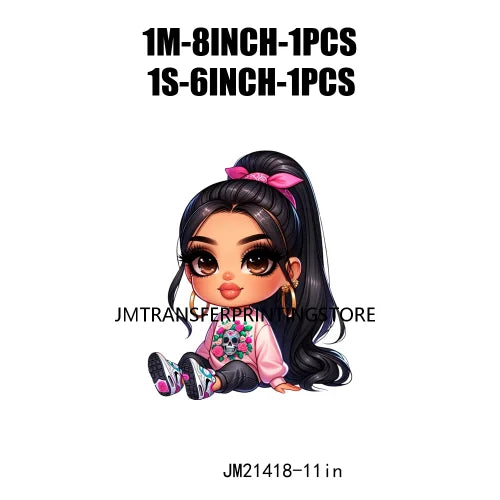 Pink Bow Long Hair Chibi Cute Chicana Doll Girls With Earing Washable Iron On DTF Transfers Stickers Designs For Sweatshirt