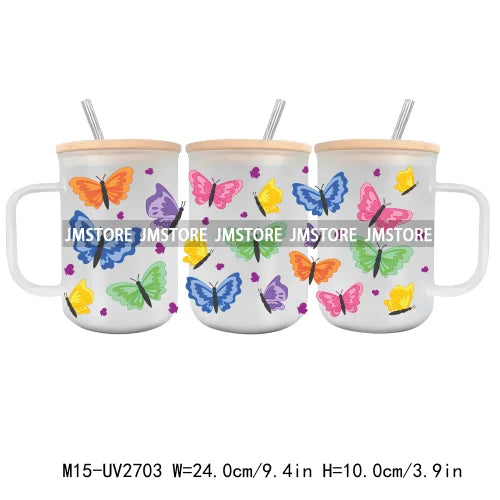 Floral Wildflowers Plants Butterfly UV DTF Glass Can Wrap For 15OZ Mug Coffee Cup Transfer Stickers DIY Custom Logo Labels