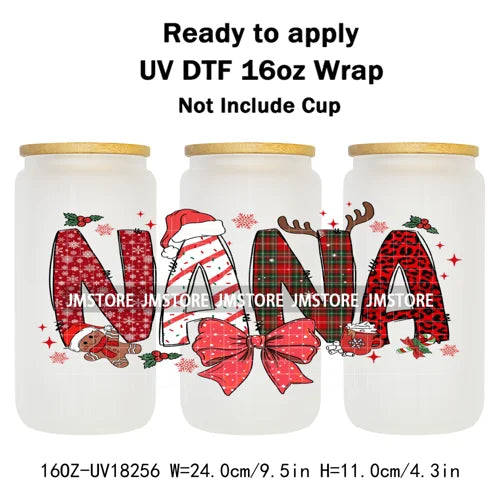 Christmas Mama Mini Coquette Family Xmas 16OZ UV DTF Cup Wraps Ready To Apply Waterproof Transfer Stickers For Libbey Glass Can