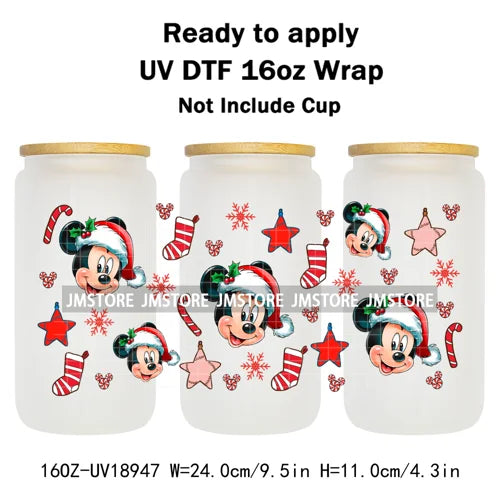 Festive Mouse Christmas Candy Cane 16OZ UV DTF Cup Wraps Ready To Apply Waterproof Transfer Stickers For Libbey Glass Can Bottle