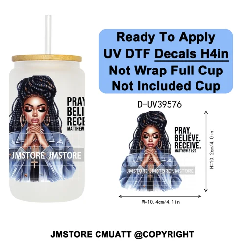 Fashion Girl Praying Black Women UV DTF Decals Ready To Apply Waterproof Transfer Stickers DIY Crafts For 16OZ Libbey Glass Can