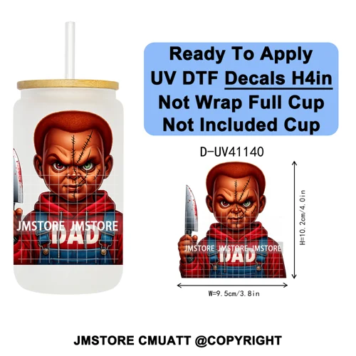 Black Horror Dad Halloween Spooky Daddy UV DTF Decals Ready To Apply Waterproof Transfer Stickers For 16OZ Libbey Glass Can Cups