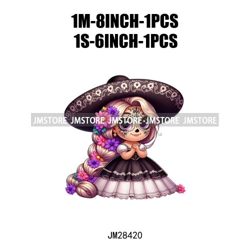 Colorful Day Of The Dead Catrina Princess Baby Girl Sombrero Hat Mexico Conchas Iron On DTF Heat Transfers Stickers For Clothing