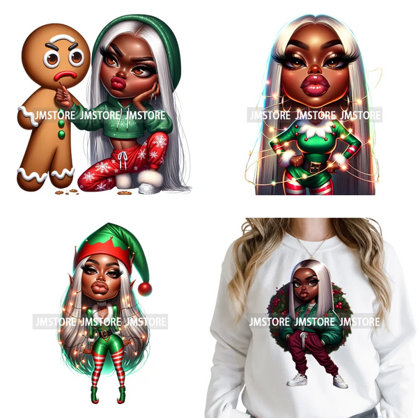 Sassy Black Girl Santa Christmas Bright Gingerbread Iron on Washable DTF Heat Transfers Stickers Ready to Press for Sweatshirts