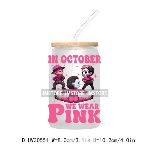 Pink October Breast Cancer Awareness UV DTF Transfer Stickers Decals For Libbey Cold Cups Mugs Tumbler Waterproof Horror Movie