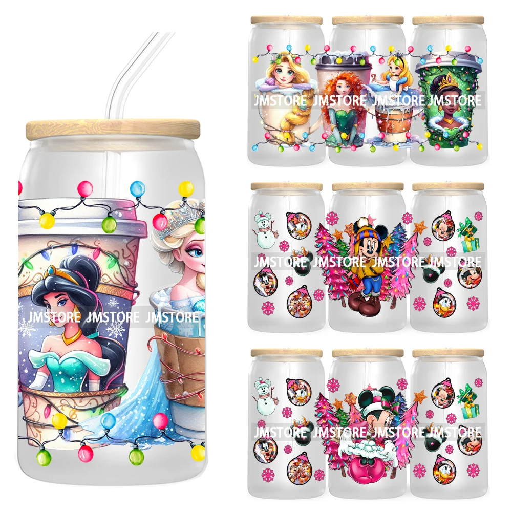 Princess Christmas Cartoon Friends 16OZ UV Cup Wrap DTF Transfer Stickers For Libbey Glass Can Cups Tumbler Magical Kingdom Vibe