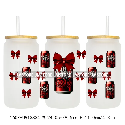 Soft Drink Pink Bow Coquette Strawberry UV DTF Wraps Transfer Sticker Selfadhesive Waterproof  For 16OZ Libbey Glass Can Tumbler