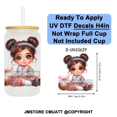 Chibi Cute Mexican Christmas Baby Girl UV DTF Decals Ready To Apply Waterproof Transfer Stickers For 16OZ Libbey Glass Can Mugs