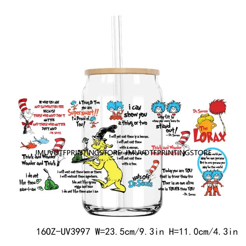 Cartoon Dr Seuss Love Reading Books UV DTF Sticker For 16OZ Libbey Glass Cup Can Wrap Transfer Sticker Custom Labels DIY Logo