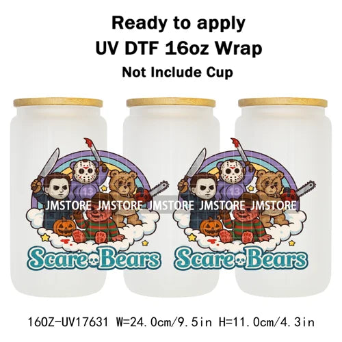 Scare Bears Halloween Horror Villain UV DTF Cup Wrap Ready To Apply Transfer Stickers Waterproof For Libbey Glass Can 16OZ Wraps