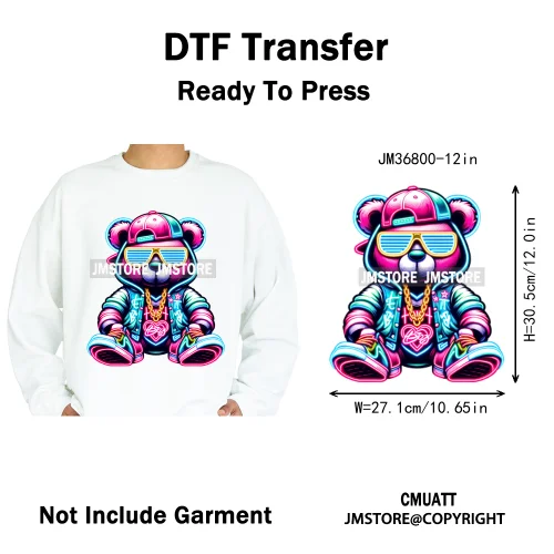 12in Cartoon Gangster Hip Hop Streetwear Teddy Bear Lover Designs Iron on DTF Heat Transfers Stickers Ready to Press for Hoodies