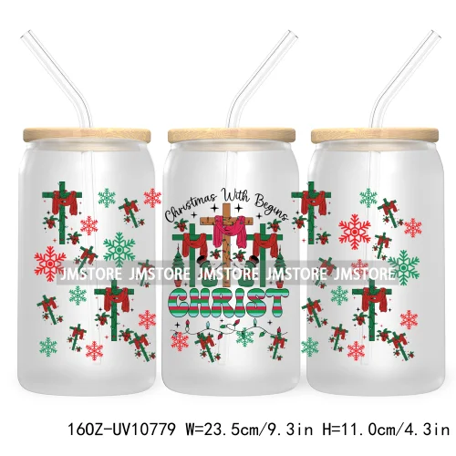 Religious Jesus Christmas UV DTF Cup Wrap For Libbey Glass Can Transfer Stickers Waterproof Custom Labels Christian Cross Bow