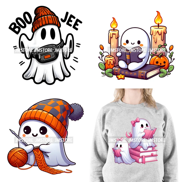 Here For The Boos Book Lover Reading Bougie Cat Dog Ghost Halloween Pumpkin DTF Decals Iron On Transfers Stickers For T-shirts