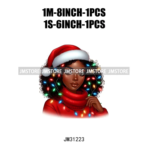 Merry And Bright Melanin Christmas Winter Festive Cheer Santa Woman Iron On DTF Transfer Stickers Ready To Press For Sweatshirts