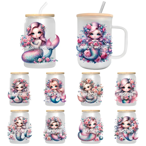 Watercolor Floral Mermaid Girl UV DTF Transfer Stickers Decals Ready To Apply Waterproof For 16OZ Libbey Glass Can Cups Tumbler