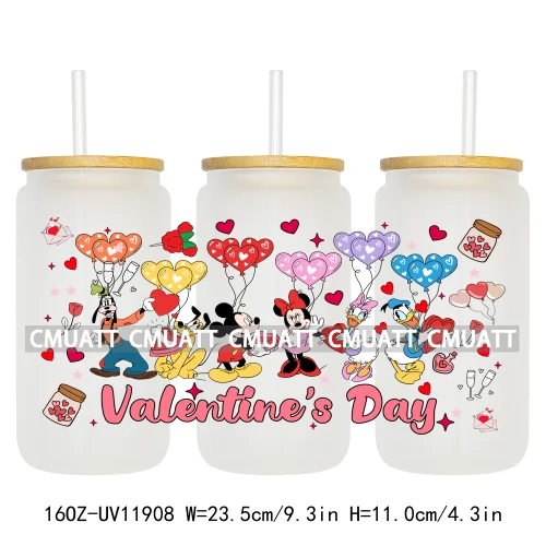 Cartoon Pink Sweet Happy Valentine‘s Day Kids Love Characters UV DTF Stickers Cup Wraps Logos For 16OZ Libbey Glass Can