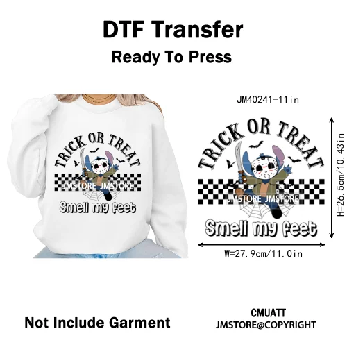 Checkered Trick Or Treat Scary Killer Character Halloween Vibes Iron on DTF Washable Transfer Sticker Ready to Press for Hoodies