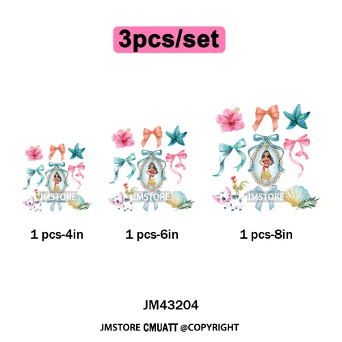 Colorful Girly Coquette Cartoon Princess Family Trip Iron on Washable DTF Heat Transfers Stickers Ready to Press for Clothing