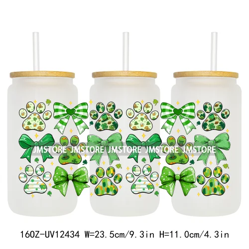 Lucky Coquette Bow Happy St Patrick's Day 16OZ UV DTF Cup Wrap Transfer Stickers Custom Waterproof Labels For Libbey Glass Can