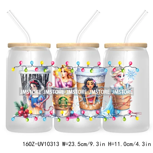 Princess Christmas Cartoon Friends 16OZ UV Cup Wrap DTF Transfer Stickers For Libbey Glass Can Cups Tumbler Magical Kingdom Vibe