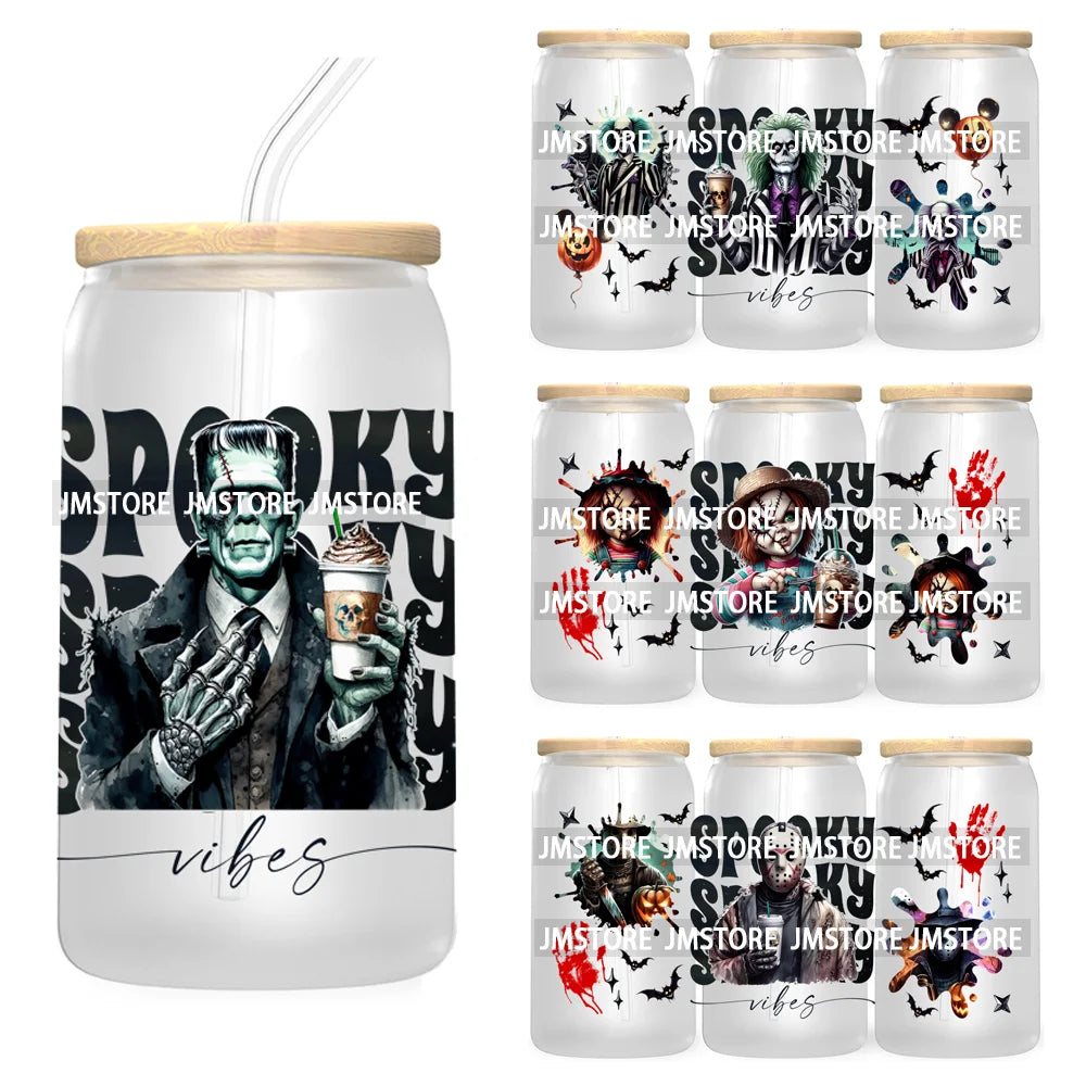 Spooky Vibes Coffee 16OZ UV DTF Cup Wrap Transfers Stickers Custom Labels Durable Waterproof Logo For Libbey Glass Can Halloween