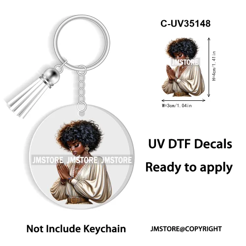 Christian Jesus God Pray Afro Girl UV DTF Decal Round Keychain Ready To Apply WaterProof Transfer Stickers For Circle Keychain