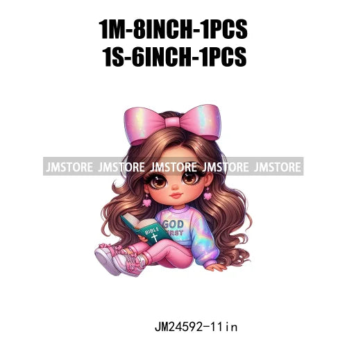 God First Chibi Cute Brown Hair Latina Dolls Baby Girls Coquette Bow Iron On DTF Transfer Stickers Ready To Press For Hoodies