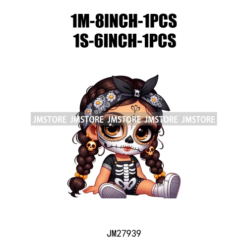 Halloween Skeleton Latina Baby Chibi Hispanic Girls Spooky Season DTF Iron On Transfers Stickers Ready To Press For Clothing