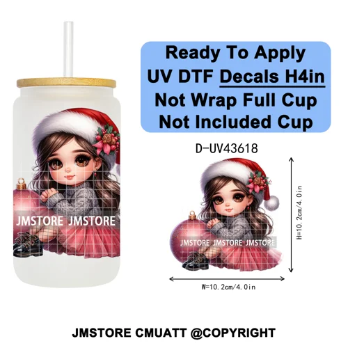 Chibi Cute Mexican Christmas Baby Girl UV DTF Decals Ready To Apply Waterproof Transfer Stickers For 16OZ Libbey Glass Can Mugs