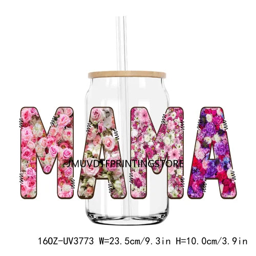 Flower Family Mama Nana UV DTF Sticker For 16OZ Libbey Glass Cup Can Wrap Transfer Sticker Custom Labels DIY Logo Dogmom