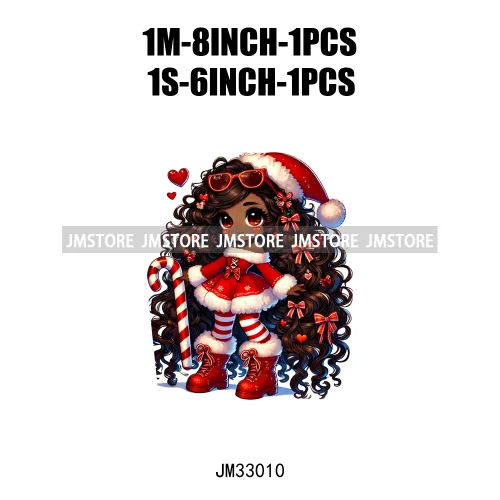 Fashion Black Santa Girls Candy Cane Afro Kids Christmas Season Iron On DTF Transfers Stickers Ready To Press For Sweatshirts