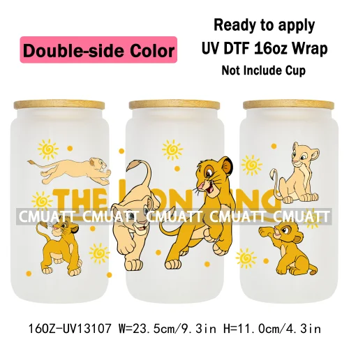 Double Side Color Cartoon Lion UV DTF Cup Wrap Transfer Stickers For 16oz Libbey Glass Beer Selfadhesive Waterproof Adhesive