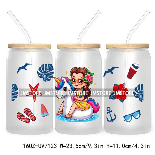 Cartoon Princess's Summer Vacation 16OZ UV DTF Cup Wrap Transfers Stickers For Libbey Glass Can Cups Tumbler Waterproof Craft