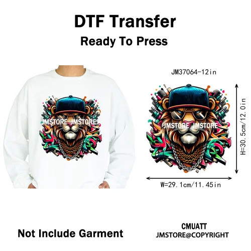 12in Urban Gangster Rich Money Lion Beats Shark Vibes Iron on DTF Thermal Transfers Stickers Ready to Press for T-shirts Bags