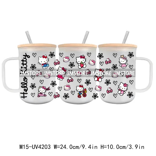 Cartoon Best Friends UV DTF Glass Can Wrap For 15OZ Mug Glass Cup Transfer Stickers DIY Custom Logo Labels Cute Cat Sunflowers