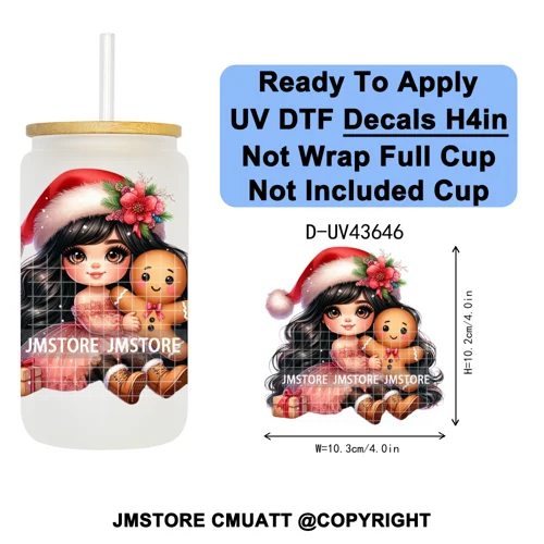 Floral Christmas Latina Chibi Girl UV DTF Transfer Stickers Decals Ready To Apply Good Quality Prints For Libbey Cold Cup Mugs