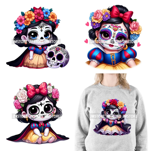 Cute Mexican Day Of The Dead Skeleton Catrina Princess Dolls Iron On DTF Heat Press Transfers Stickers Printing For Clothes