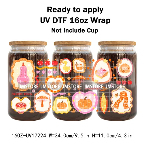 Bookish Autumn Fall Coquette Pumpkins Season UV DTF Wraps Transfer Sticker Selfadhesive Waterproof For 16OZ Libbey Glass Can Mug
