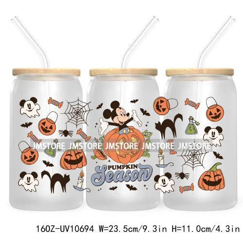 Fall Pumpkin Halloween Season 16OZ UV Cup Wrap DTF Transfer Stickers For Libbey Glass Can Cups Tumbler Cute Cartoon Mouse Ghost