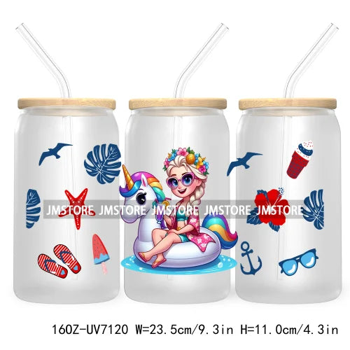 Cartoon Princess's Summer Vacation 16OZ UV DTF Cup Wrap Transfers Stickers For Libbey Glass Can Cups Tumbler Waterproof Craft