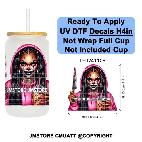 Scary Movie Character Afro Girls Halloween UV DTF Transfer Stickers Decals Ready To Apply Waterproof For 16OZ Libbey Glass Can