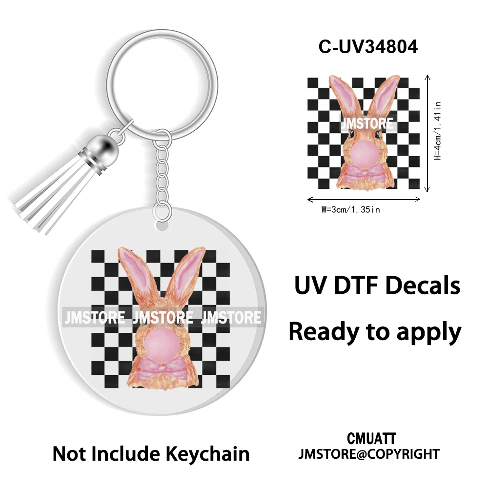 Faux Sequin Glitter Happy Easter Bow Retro Easter Bunny Blowing Bubble UV DTF Stickers for Round Circle Acrylic Keychain Keyring