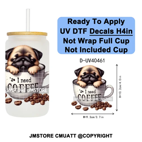 Puppy Coffee Dog Cartoon Pet Lover UV DTF Decals Ready To Apply Waterproof Transfer Stickers For 16OZ Libbey Glass Can Tumbler