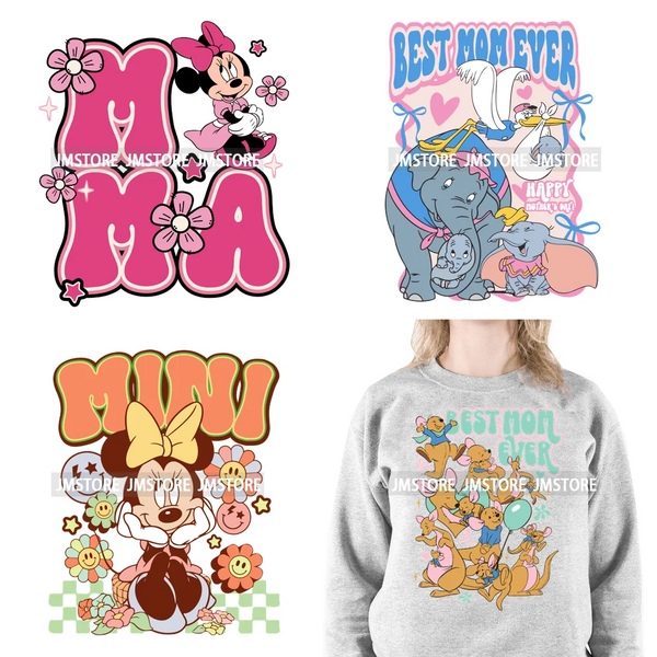 Cartoon Mama Mini Character Best Mom Ever Happy Mothers Day Iron on DTF Transfers Stickers Ready to Press for Clothing Bags