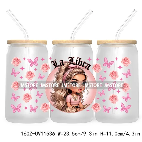 Chicana Chola Zodiac Chibi Latina Girls 16OZ UV DTF Cup Wrap Transfer Stickers Waterproof For Libbey Glass Can Horoscope Signs