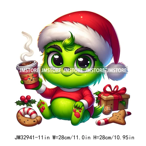 Cute Green Baby Cartoon Santa Claus Christmas Vibes Xmas Holiday Iron On DTF Transfers Stickers Ready To Press For Sweatshirts