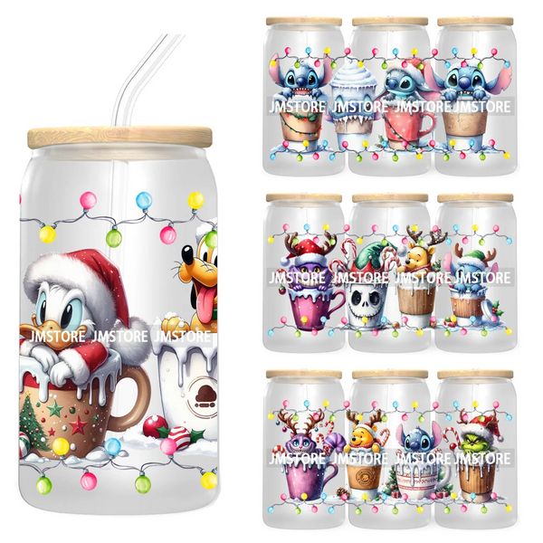 Christmas Lights Cartoon Coffee Cups 16OZ UV DTF Cup Wrap Transfer Stickers Custom Labels Waterproof Logo For Libbey Glass Can